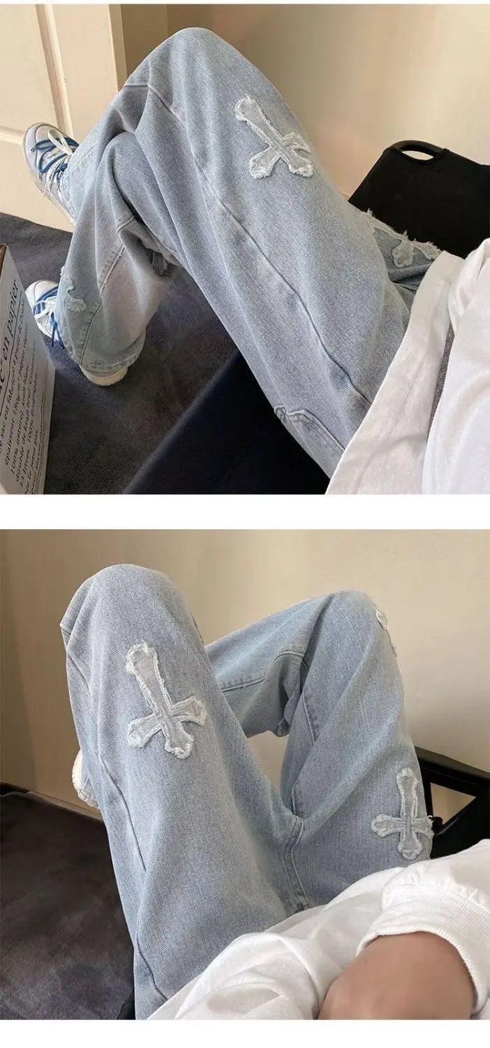 Vintage Men's Straight Jeans Cross Embroidery Casual Jeans Denim Loose Hip Hop Four Seasons Fashion Streetwear Pants Black Blue