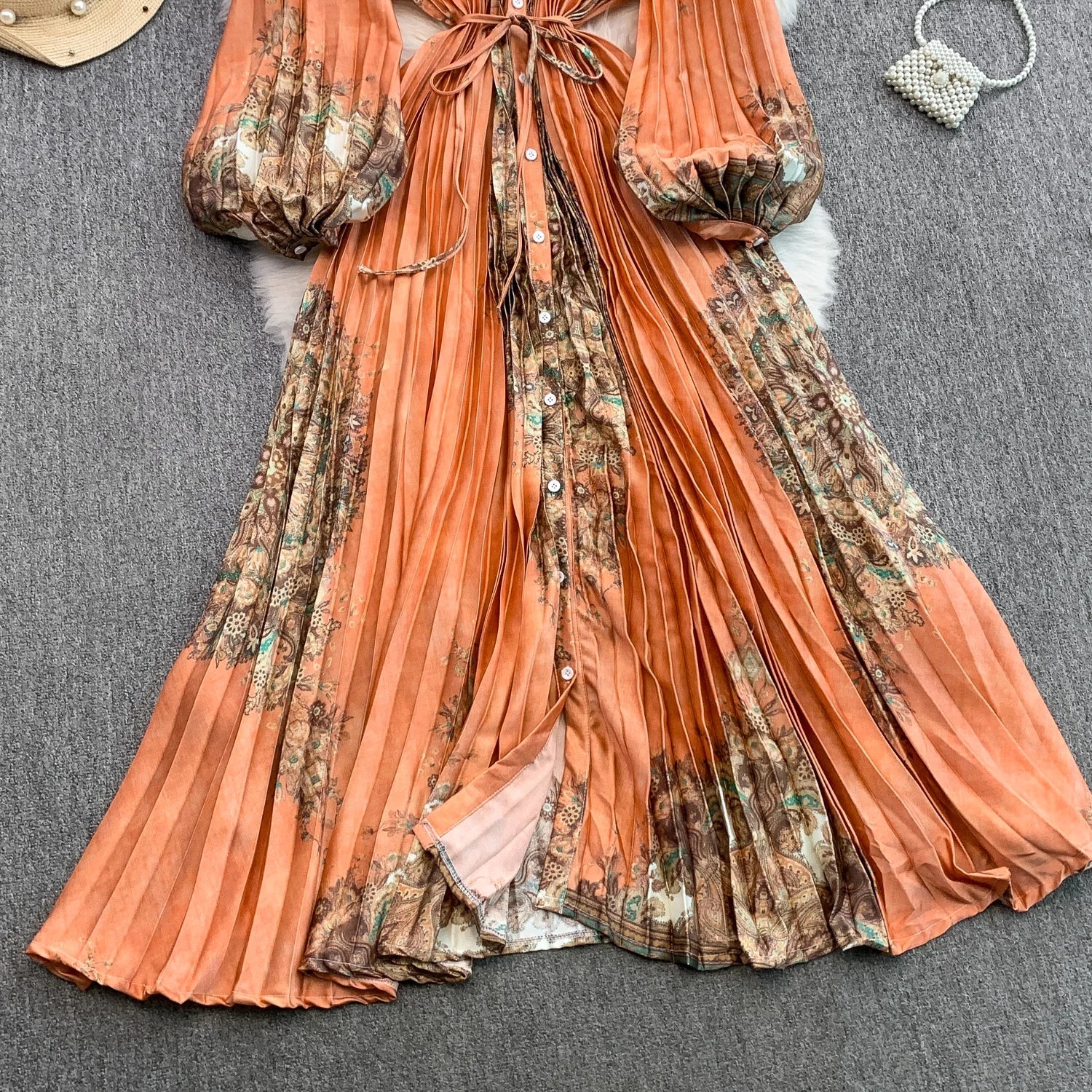 Printed round Ne Lantern Sve Dr Women's Single Button Waist Cinch Maxi Skirt Long Dr Commute Sle Autumn