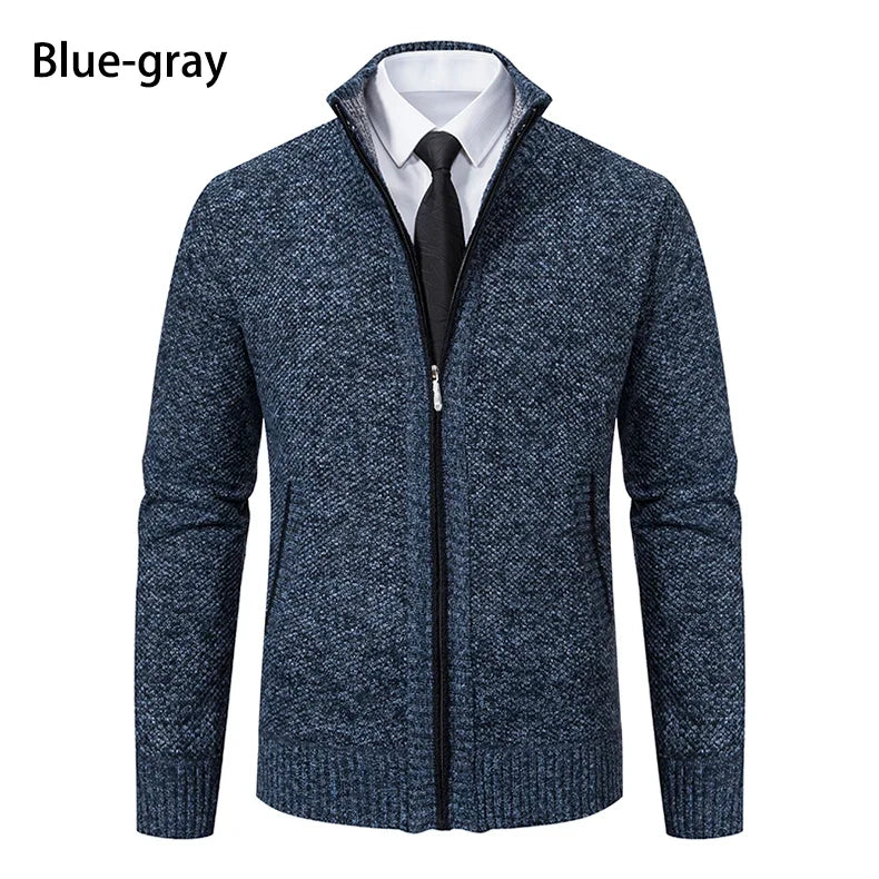 Autumn And Winter New Jersey Men's Casual Sports Coat Solid Color Stand Collar Wweater Grab Fleece Warm Zipper Cardigan