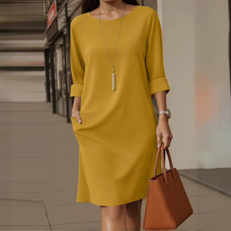 Elegant Women Party Dress 2026 Summer Fashion 3/4 Sleeve Casual Shirt Vestidos Pockets Loose Solid Knee-length Sundress
