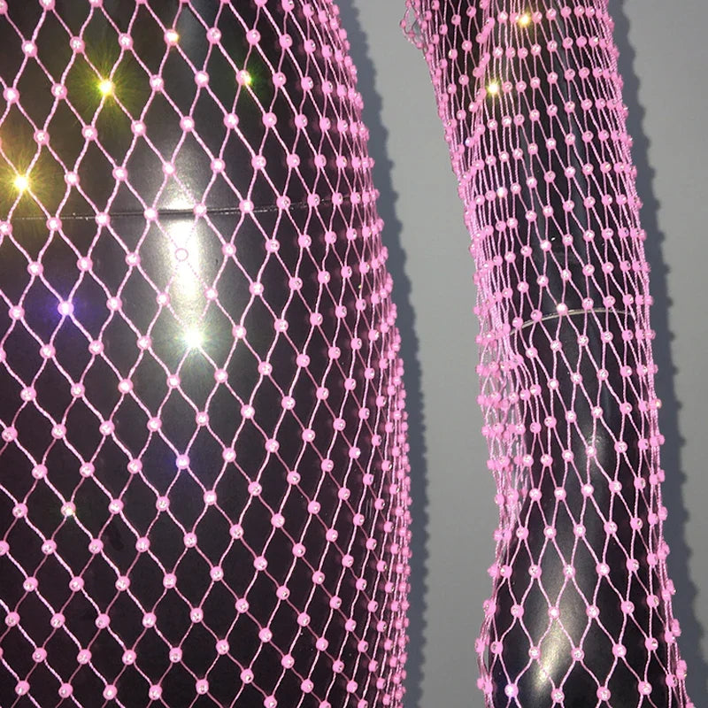 Shiny Rhinestones Grid Fishnet Dress Long Sleeve O-Neck Hollw Out Side Slit Dress Sexy Beach Cover Up Breathable Women Vestidos