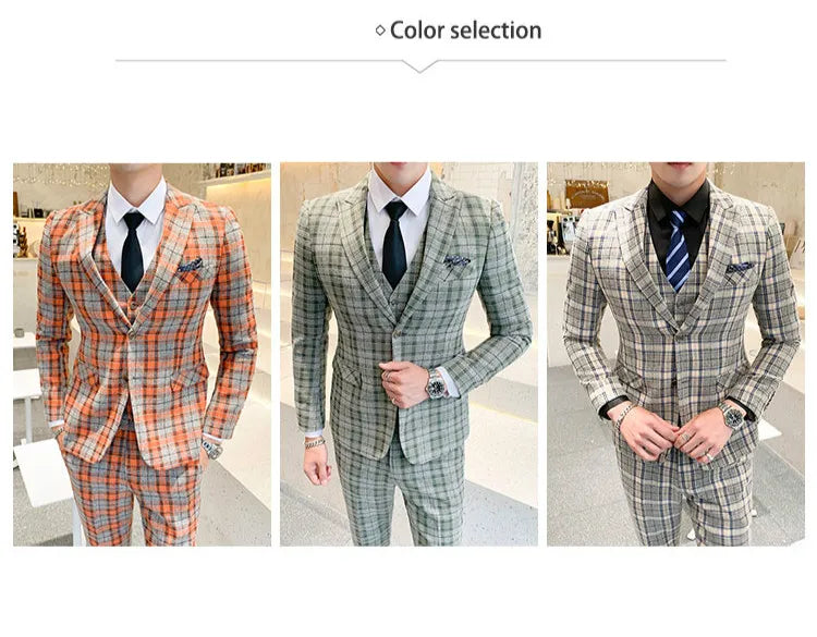 ( Jackets + Vest + Pants ) New Fashion Boutique Plaid Mens Casual Business Suit Groom Wedding Dress Suit 3pces Set Male Blazer