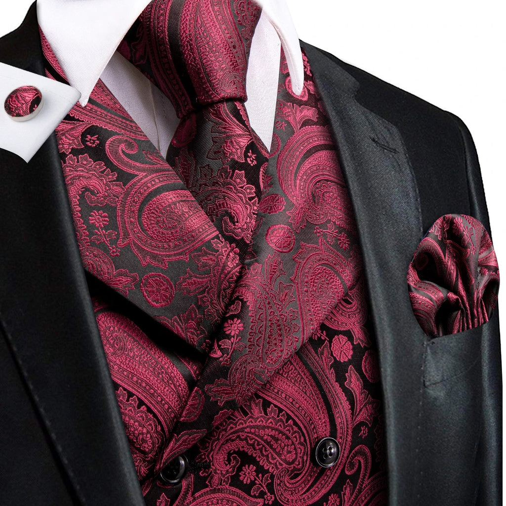 Dark Red Men's Vests Silk Paisley Jacquard Waistcoat Jacket NeckTie Hanky Cufflinks for Men Business Party Designer Gifts