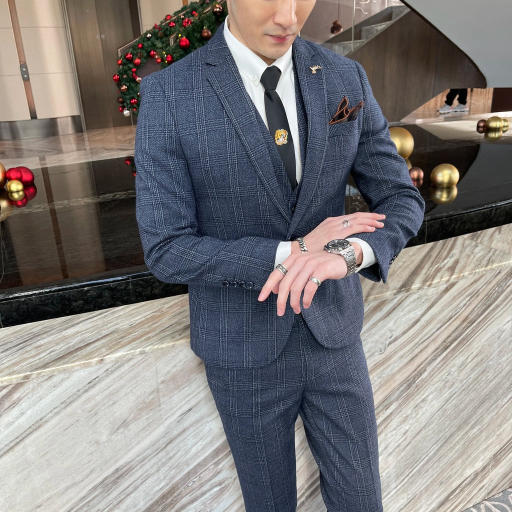British Modified Plaid Three-Piece Suit for Men - Stylish Business Casual Suit Vest And Trousers Set