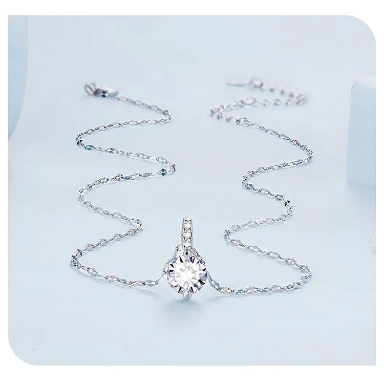 925 Sterling Silver Simple Clear Zircon Pendant Necklace for Women Wedding Engagement Anniversary Fine Jewelry BSN273
