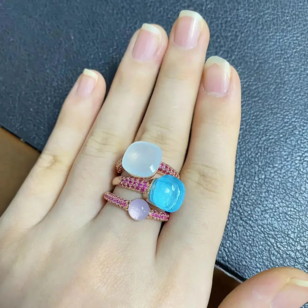 3Pcs/Set Nudo Ring Stacking Set for Women Mix Color Candy Crystal Inlay Zircon Amethyst Blue Topaz Round Jewelry Gift