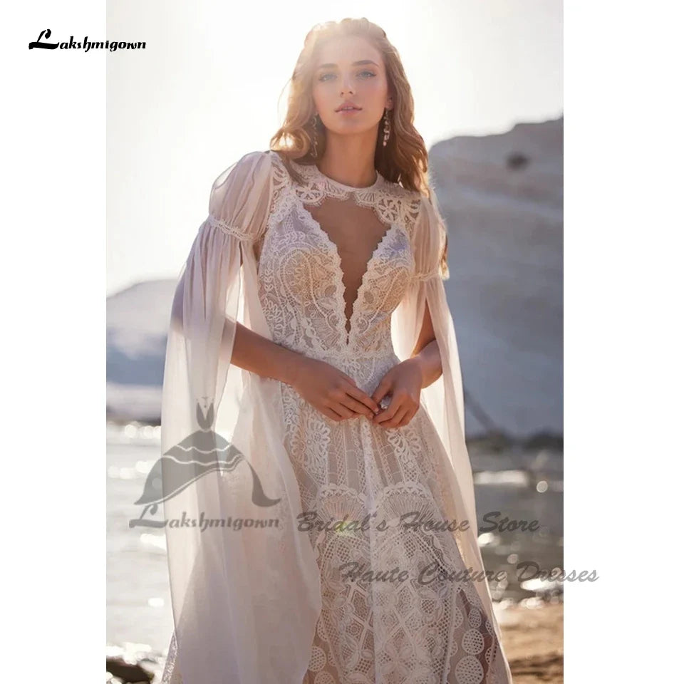 Vintag Boho Beach Wedding Dresses Detachable Lace Cape 2025 Vestidos Sexy Champagne Bridal Gowns Deep Customized