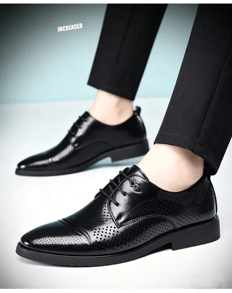 Men's Summer Breathable Leather Shoes Hollow out Fashionable Slip-On Comfortable Anti-Slip Soft Bottom Derby Shoes-SJ2501-1