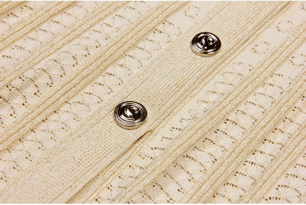 High Quality Fashionable Elastic Bright Silk Knitted Round Neck 7-inch Sleeve Single Row Button Lace Slim Fit Women's Dress