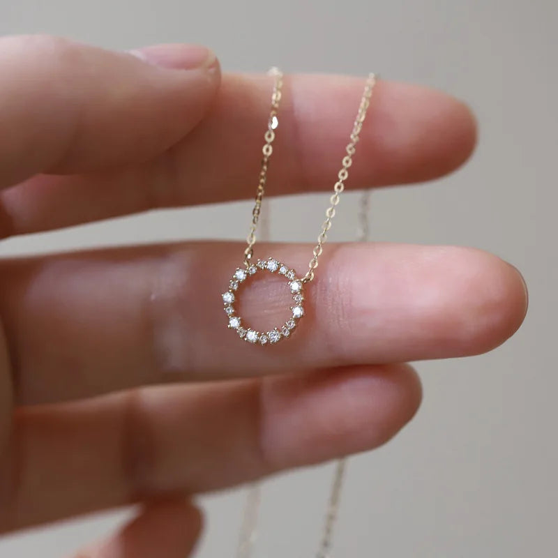 -100% S925 Sterling Silver Plated 18K Gold Necklace with Full Diamond Circle Style Japanese and Korean K Gold Collar Chain
