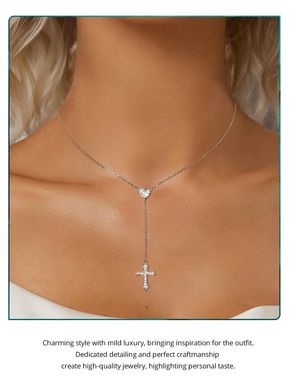 925 Sterling Silver Delicate Heart-shaped Pendant Necklace Y-shaped Cross Chain Necklace for Women Party Dainty Jewelry