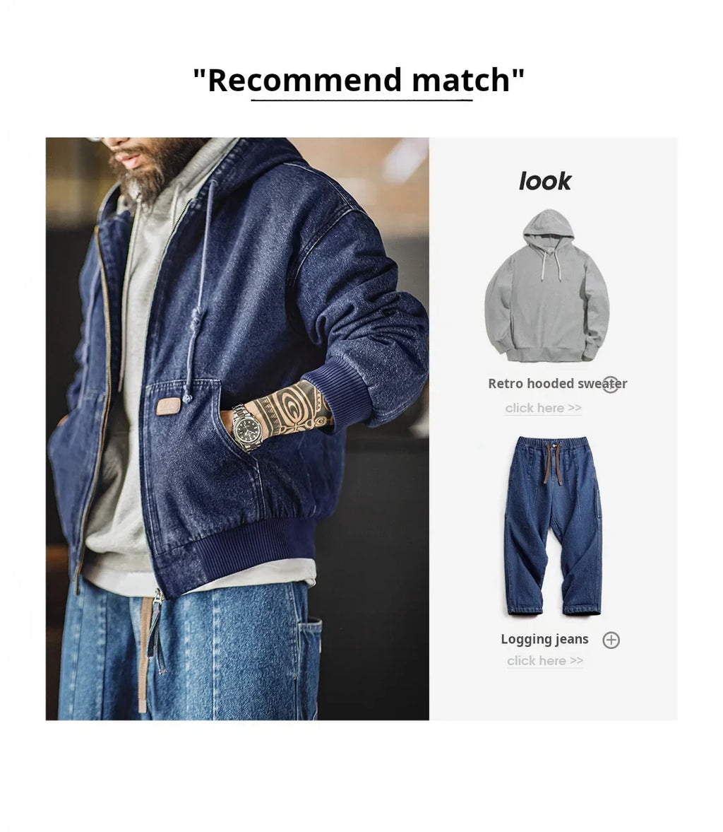Retro Men's J130 10.5oz Denim Jacket Heavyweight Washed Aged Hooded Jacket Zipper Work Coat with Large Pockets for Fall