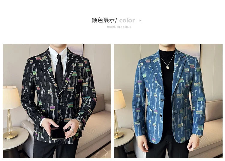 2025 New Luxury Denim Jacquard Suit Coats Men Fashion Slim Fit Suit Casual Business Party Coat Uniform Wedding Social Tailcoat
