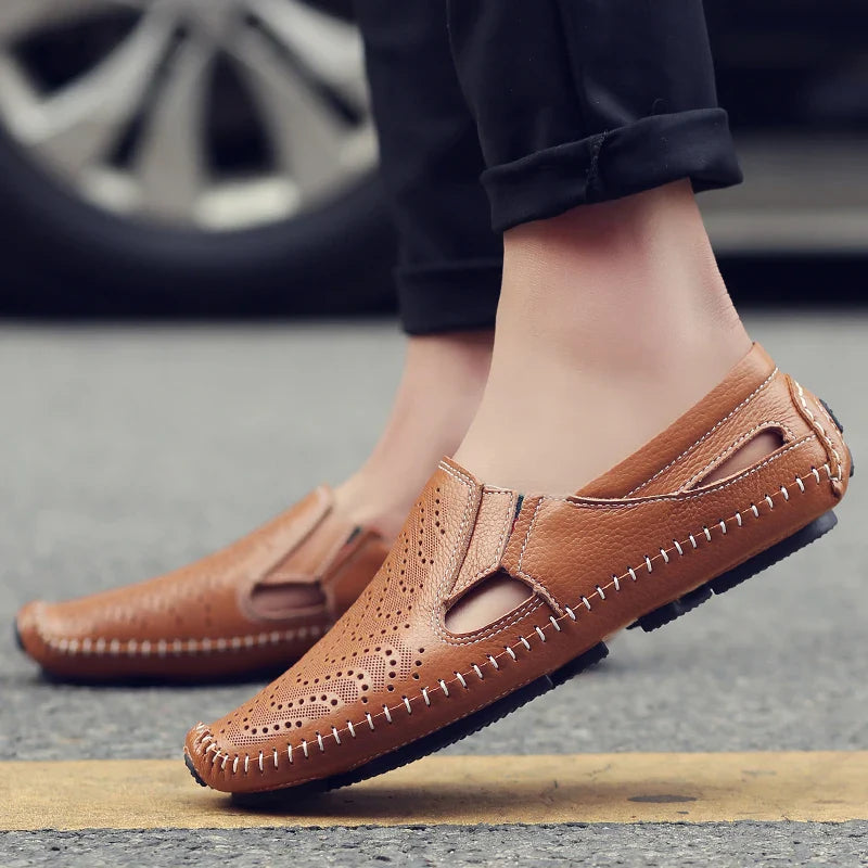 Men's Hollow Leather Shoes Summer Breathable Sandals Genuine Leather Slip-on Loafers Flat  Soft Soled Driving Casual Shoes