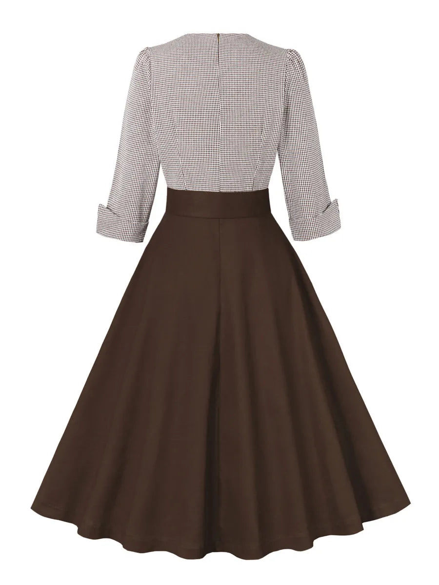 Plaid and Black Elegant Ladies Rockabilly Cotton Dresses Notched Collar 3/4 Sleeve Autumn Winter Women Vintage Dress