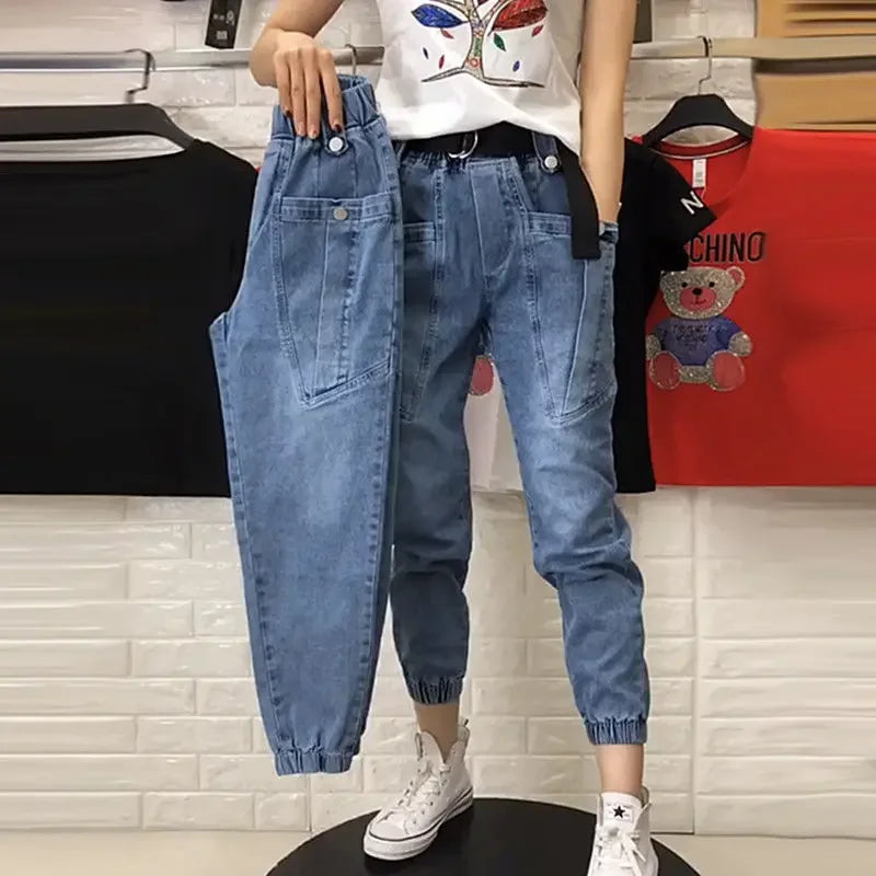 بنطلون جينز نسائي بحزام مطاطي ومربوط عند الكاحل