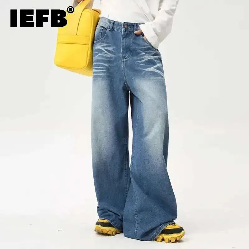 IEFB High Street Men's Jeans New Summer Water Washed Folded Draping Wide Leg Trendy Denim Pants Spring Casual Straight 9C6100