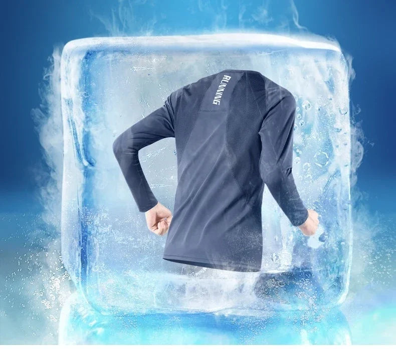 Ice Silk Long Sleeve T-Shirt Men Quick Dry Sun Protection Summer Thin Stretch Sports Top Breathable Mesh