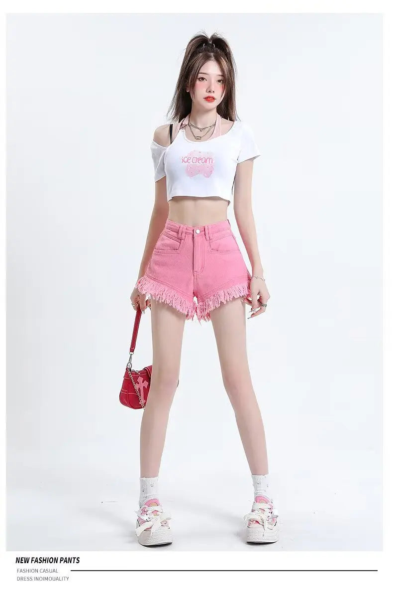 Women's Pear-shaped Friendly Denim Shorts 2026 Summer New High Waist Frayed Hem Casual Streetwear Wide Leg Hot Pants