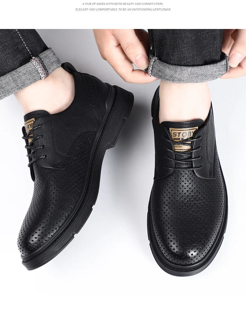 Summer Autumn New Low Top Cow Leather Shoes for Men Hallow Lace Designer Platform Shoes Male Fashion Business Casual Shoe Man