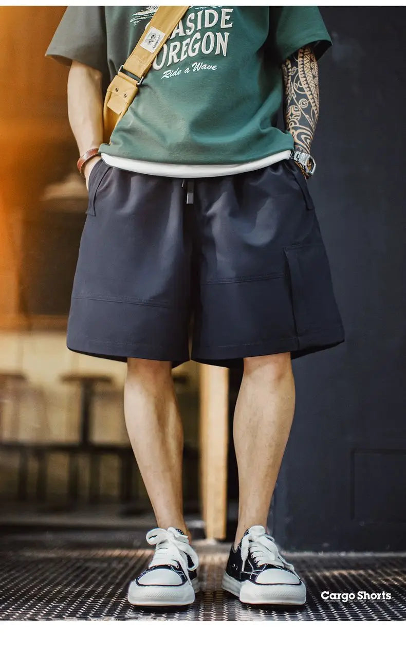 Men's Outdoor Casual Cargo Shorts Elastic Waist Drawstring Shorts with Reflective Strip and Multiple Pockets Loose Bottoms