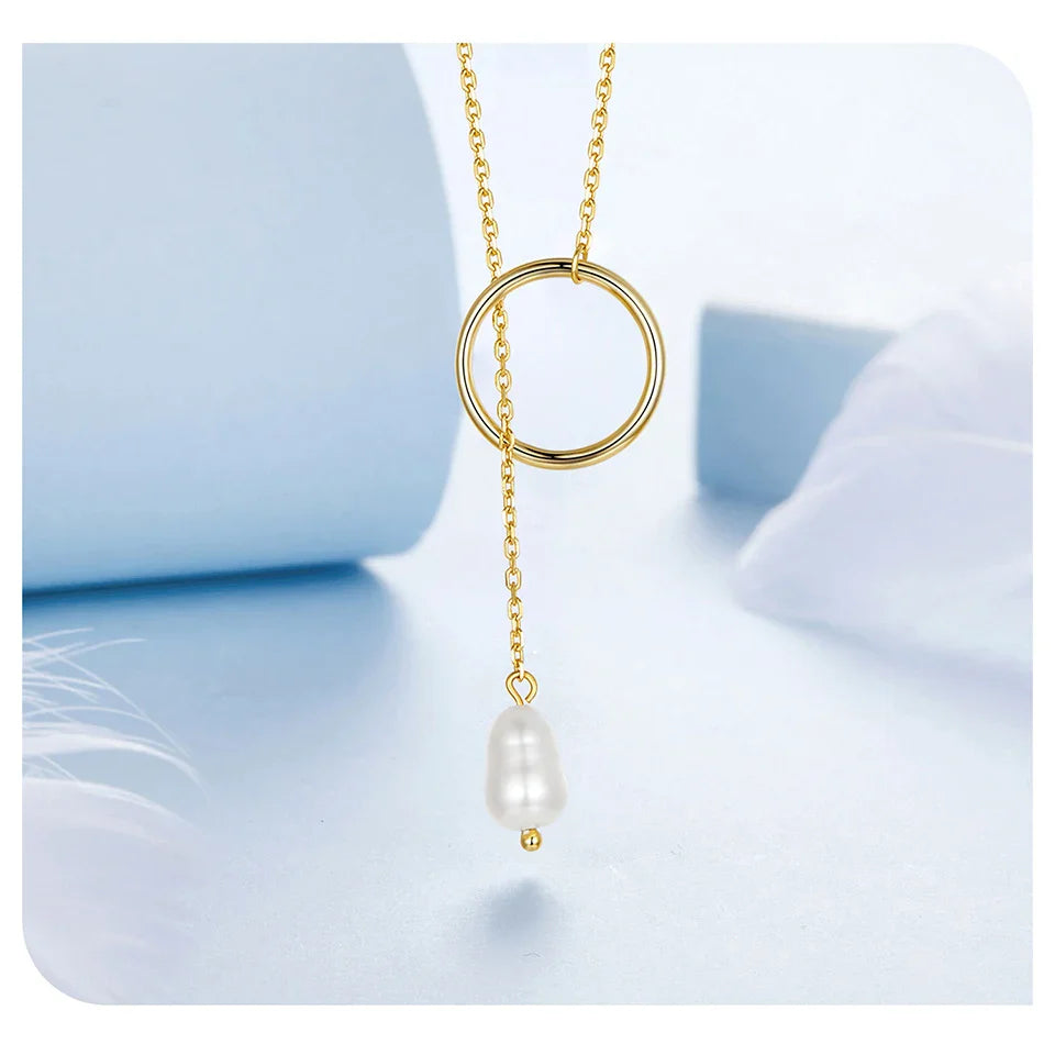 925 Sterling Silver Long Necklace, Gold Plated Y Lariat Long Chain Pearl Drop Necklace Gift for Her BSN427, 23.6"