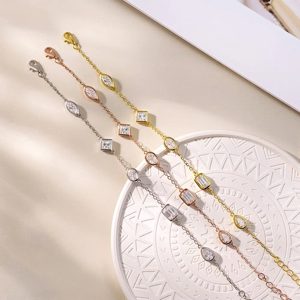 0.5CT Oval/Pear Cut Full Moissanite Bracelets 15+5cm S925 Silver Plated 18K Gold Wrist Chain for Women Fine Jewelry Gift