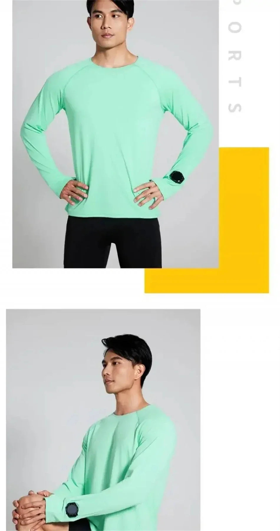 Mens Autumn Running T-Shirt Long Sleeve Anti-UV Workout Tops Shirts Training Shirt with Thumb Hole Anti-Static Cuff Quick Drying