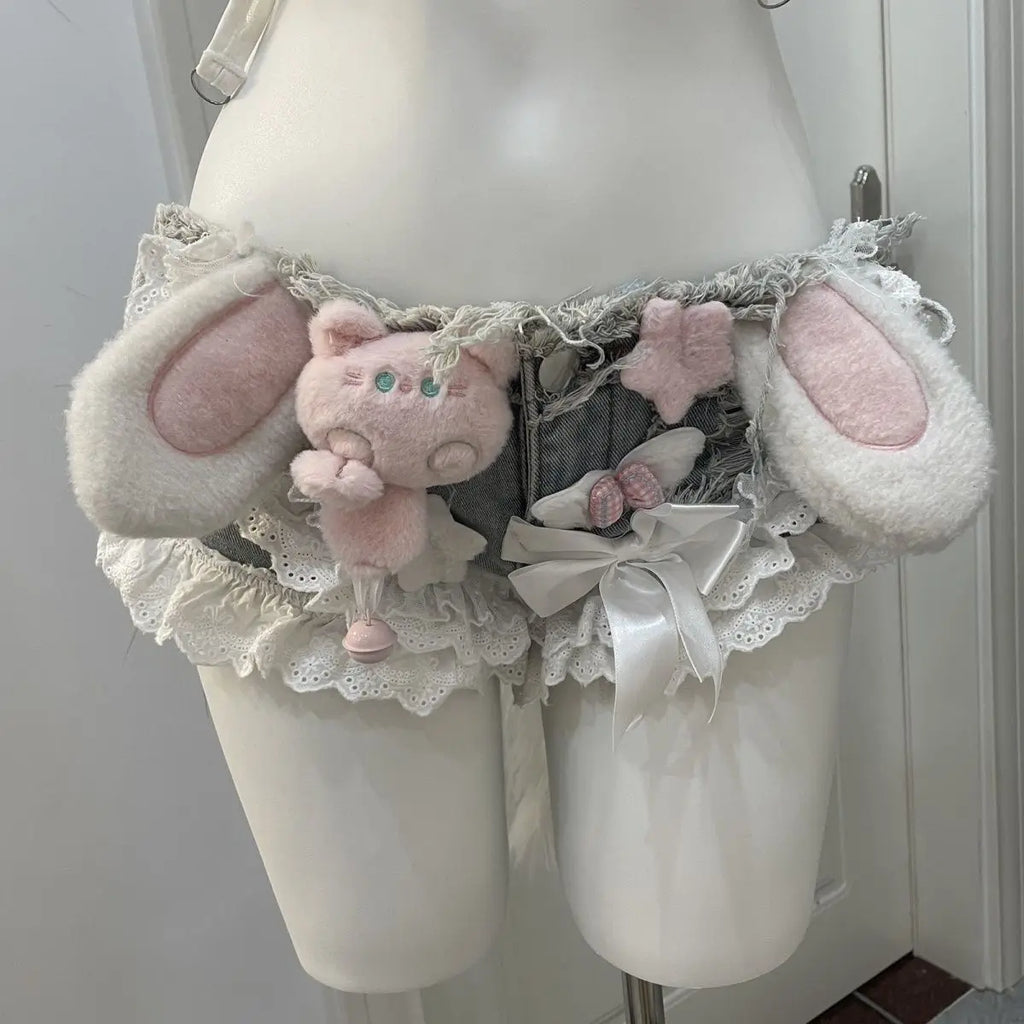 Niche Designer Handmade Cute Sexy Lace Hot Girl Sling Stitching Low Waist Super Short Shorts