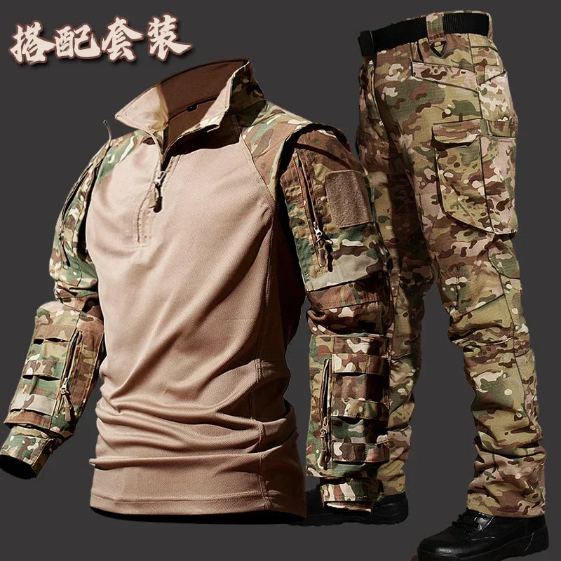 Autumn Tactical Sets Men Outdoor Breathable Short Sleeve Tshirt+Waterproof Straight Pant 2 Pcs Suits Camo Multi-pocket Cargo Set