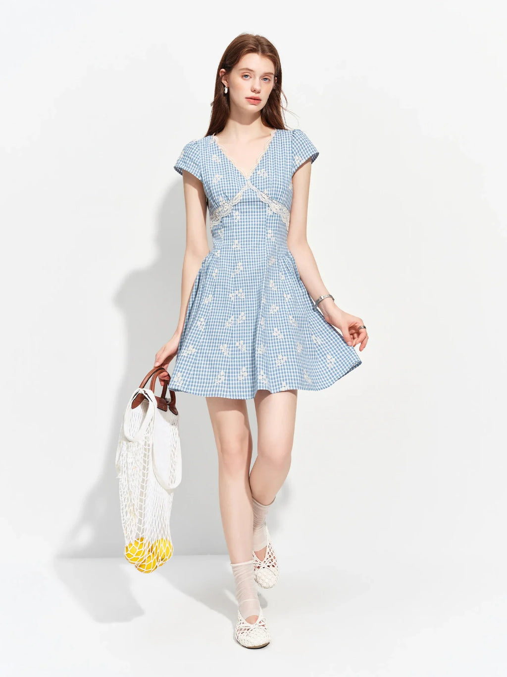 Women's 2026 Summer New Arrival French Pastoral Style V-Neck Lace Spliced Embroidered Dress Openwork Floral Plaid Pattern