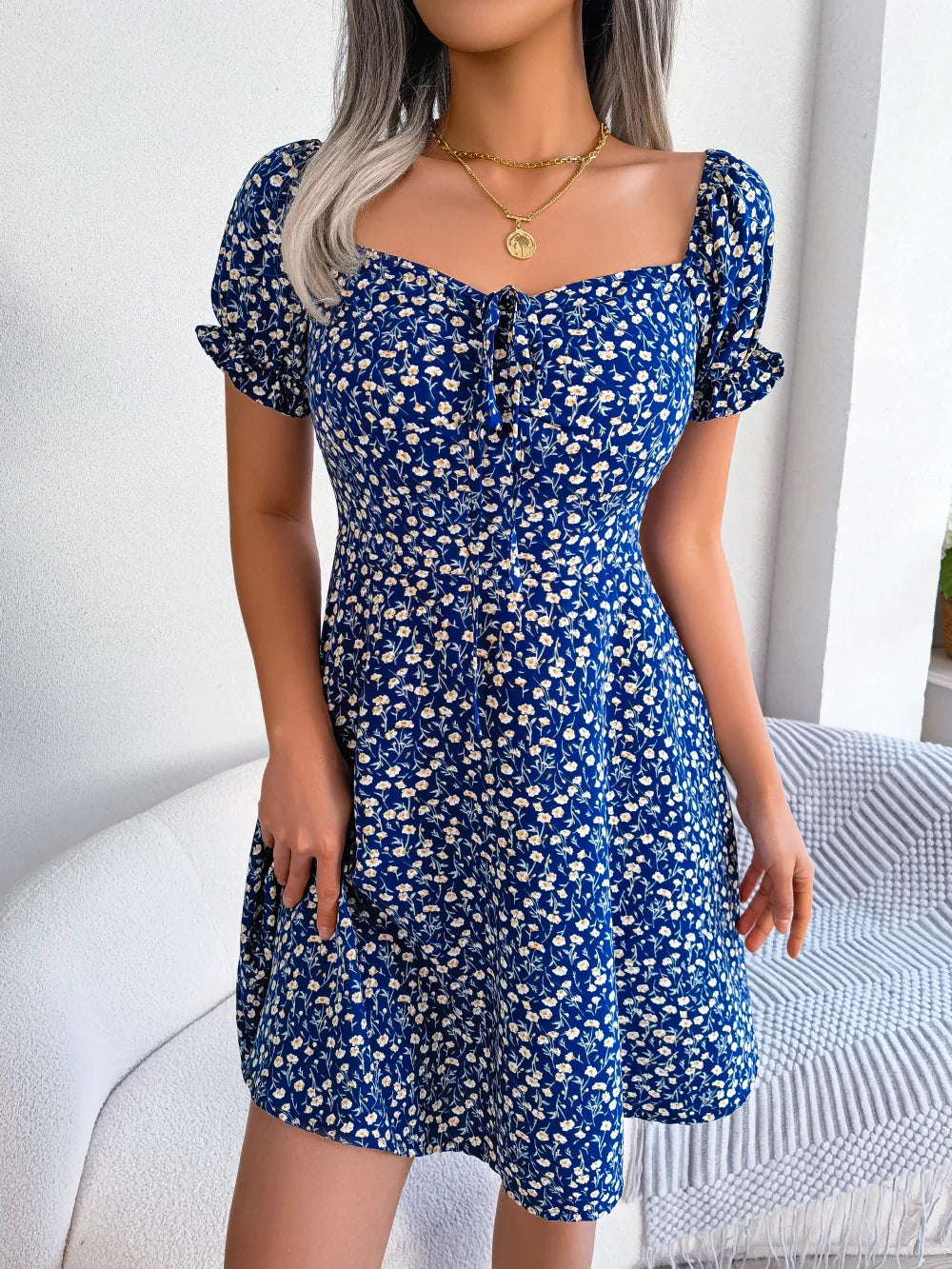 Women Casual Square Neck Flare Short Sleeve Floral Dress Elegant A Line Dress for Spring Summer 2026 Fashion Woman Clothing