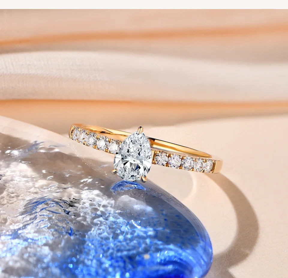 New 5*7mm Moissanite 10k Yellow Gold Pear Shape Engagement Ring Promise Wedding Rings For Women Trends Jewelry Gift