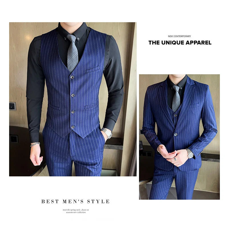 New three-piece suit with tailored striped business suit blazer and trousers set. Korean fashion trend. Stylish wedding attire.