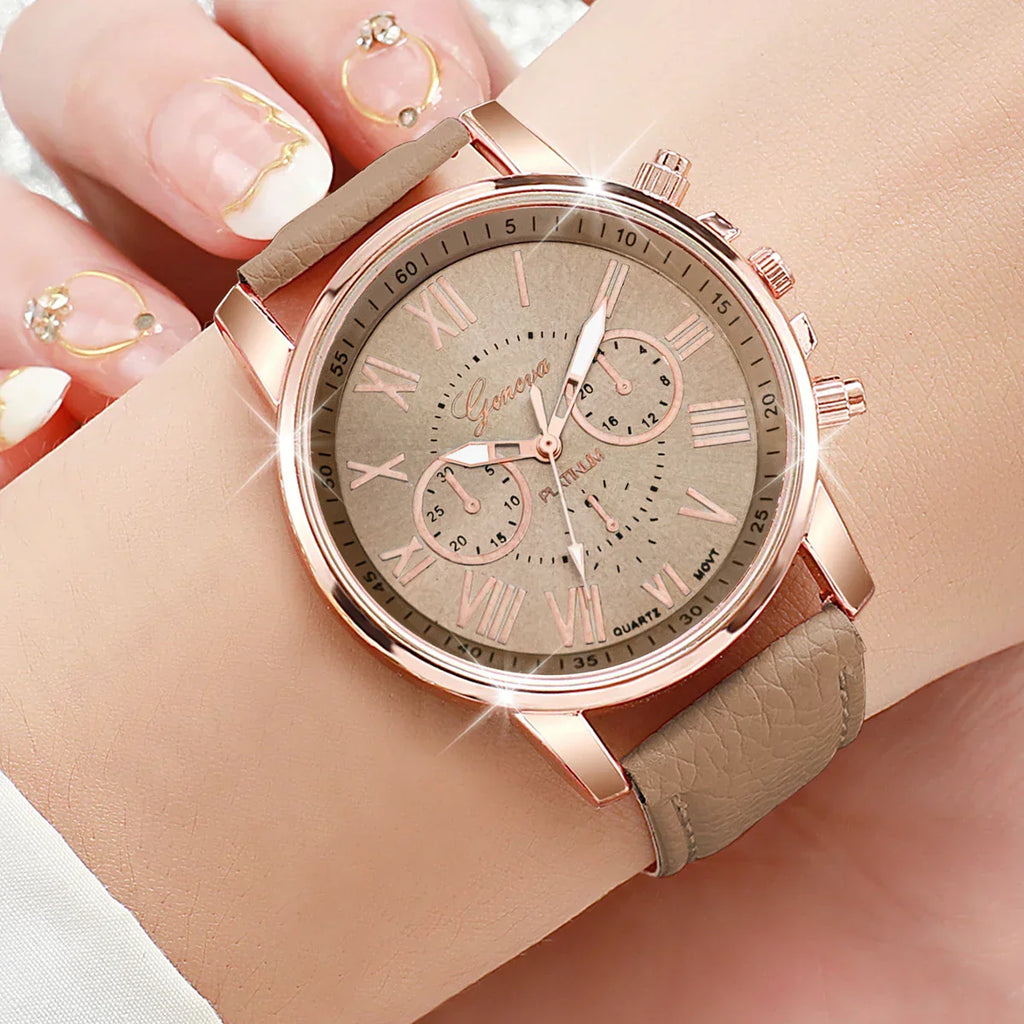 6PCS/Set Fashion Roma Dial Women's Quartz Watch Casual Leather Band Analog Wrist Watches（Without Box）