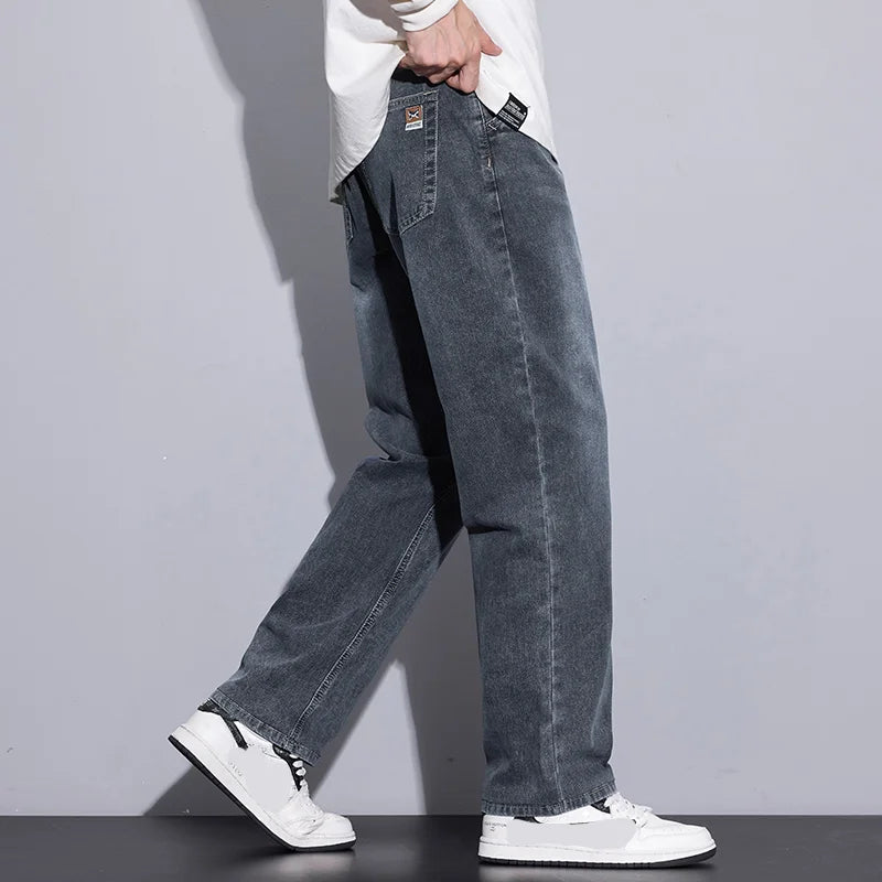 New Men's Micro Elastic Wide Leg Jeans American Retro Versatile Loose Fit Long Pants for All Seasons