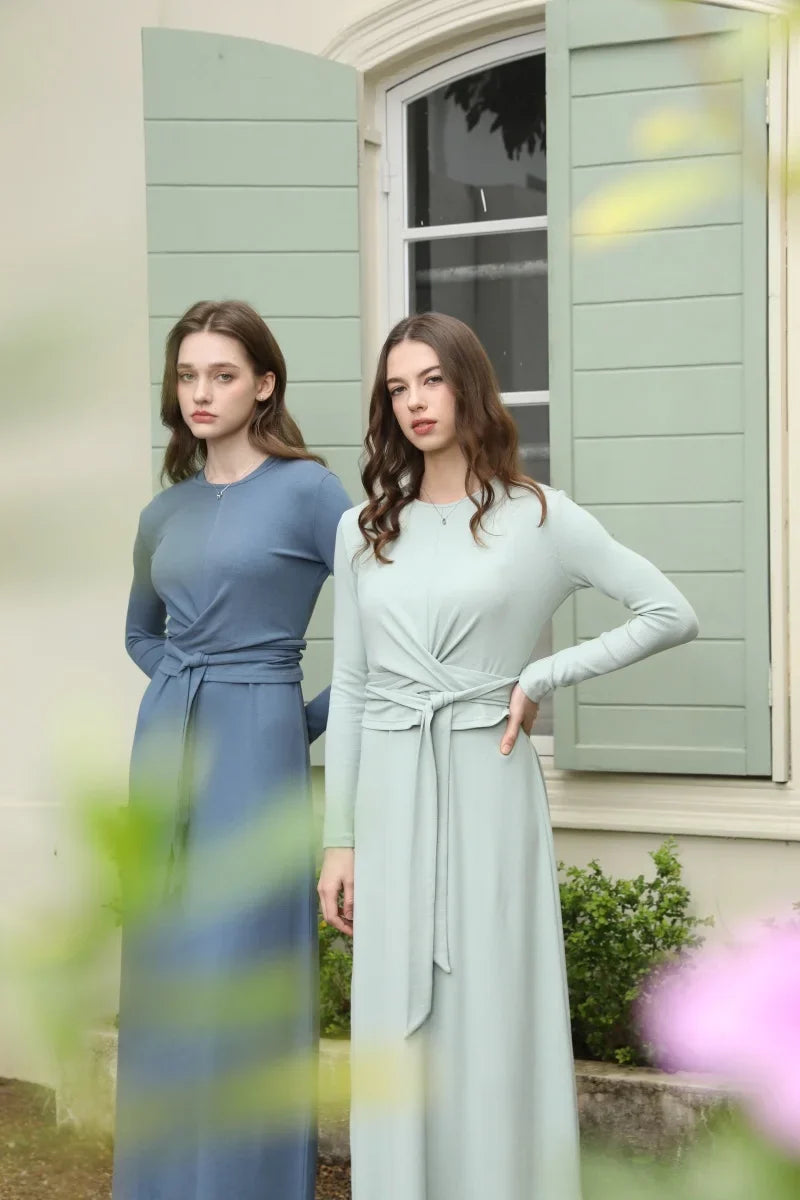 2025 summer ribbing closed-fit wrap tops + Aline dress high Stretch matching sets