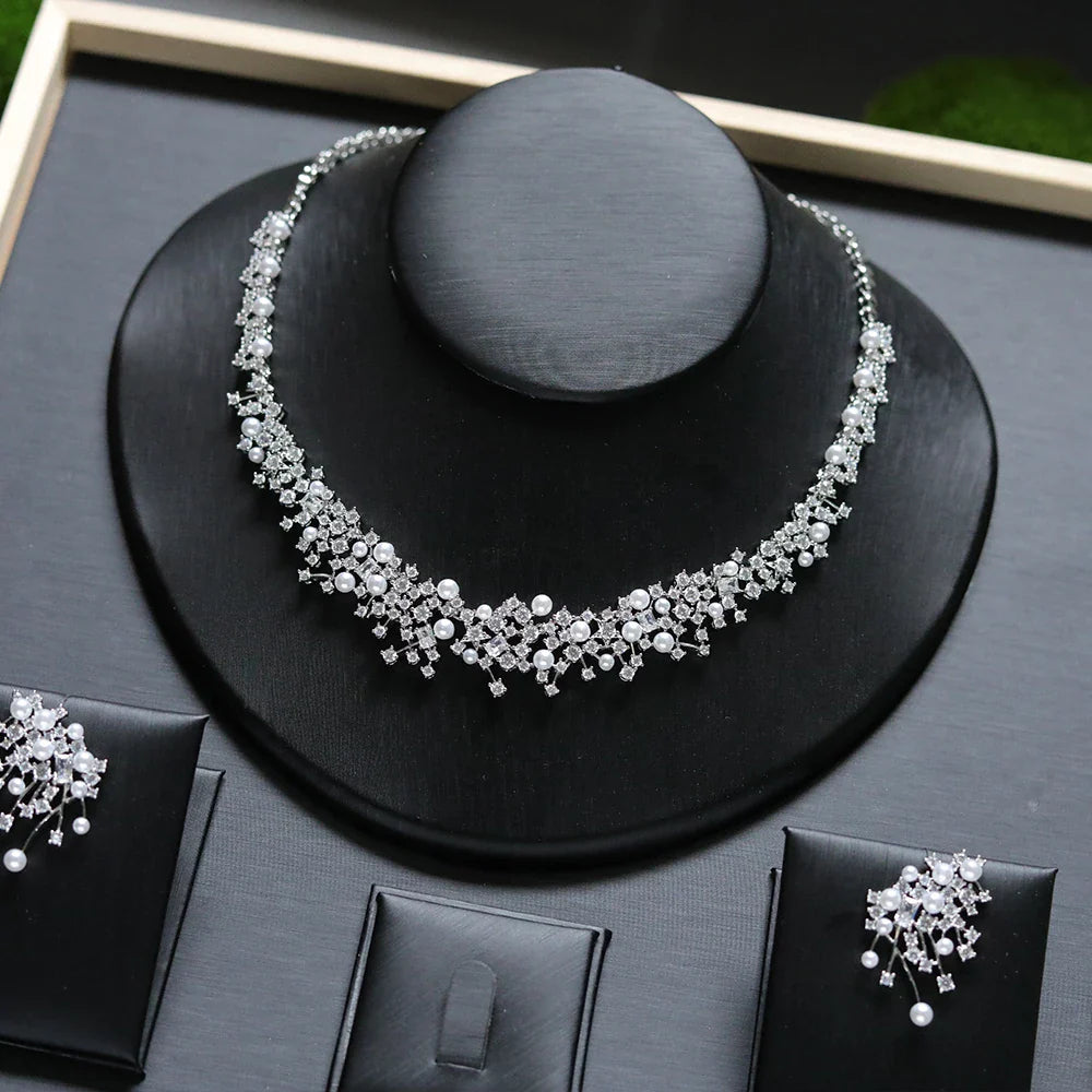 Fashion Pearl Necklace Sets High Quality 3A Cubic Zirconia Jewelry Set Dubai Dinner Party Accessories Engagement Gift