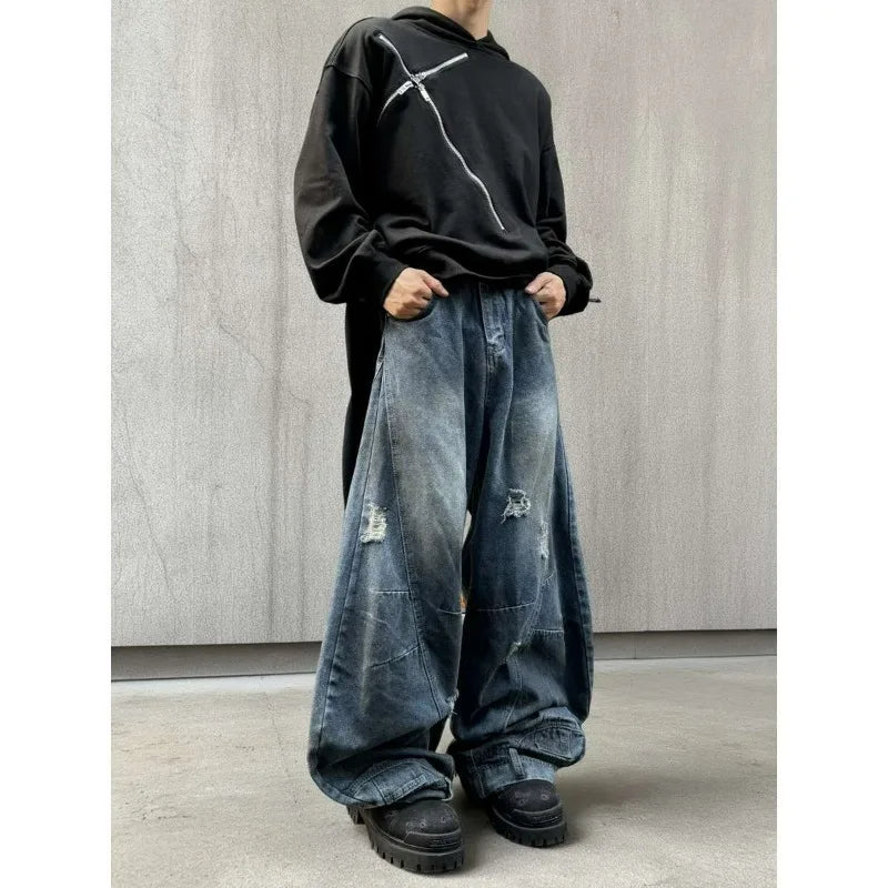 Autumn New Men's 98% Cotton Jeans American Y2k Streetwear Hole Patchwork Design Denim Pants Youth Straight Baggy Stretch Jeans