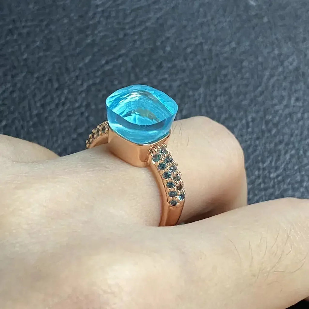 10.6mm Topaz Ring For Women Inlay Light Blue Zircon Candy Water Drop Crystal Ring Rose Gold Plated Jewelry Gift
