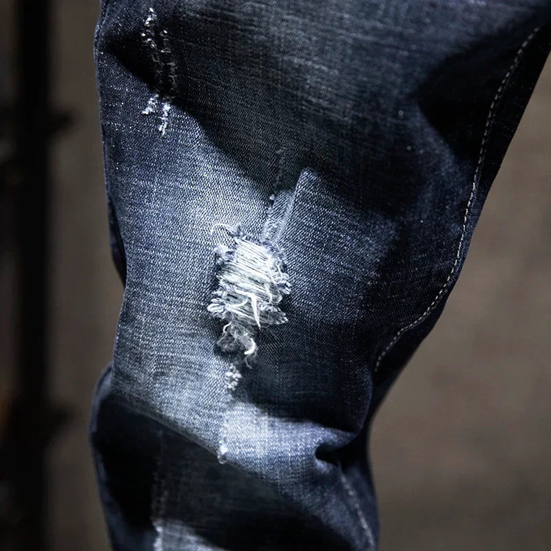 2025 New Ripped Jeans Men Slim-fit Denim Pants Cotton Korean Style Fashion Elasticity Versatile Blue Black Men's Clothing