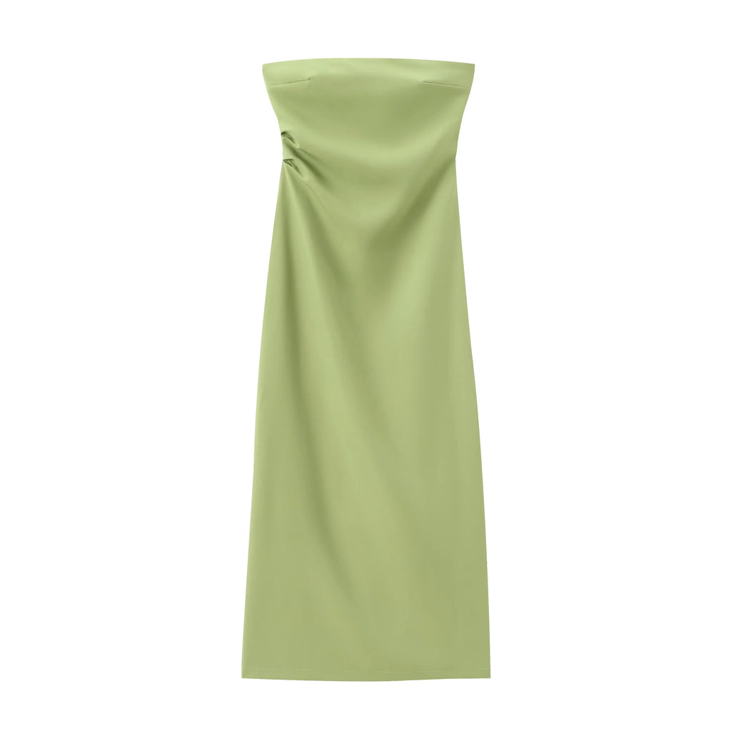 Women Fashion Summer New Sexy Split Back Zip Pleated Sleeveless Strapless Dress Chic Female French Elegant Evening