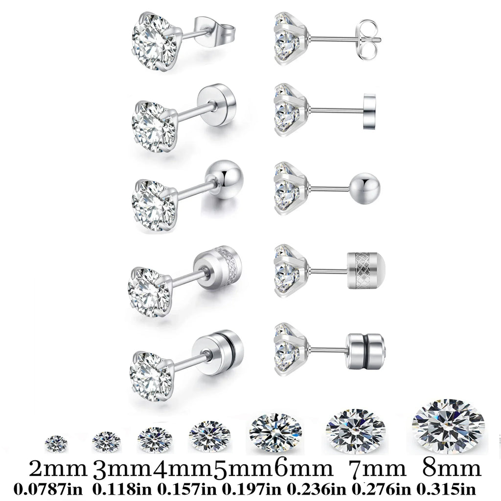 Stainless Steel 5 Style CZ Zircon Silver Color Earrings For Women Men Crystal Screw Titanium Alloy Ear Studs Round Beads Jewelry