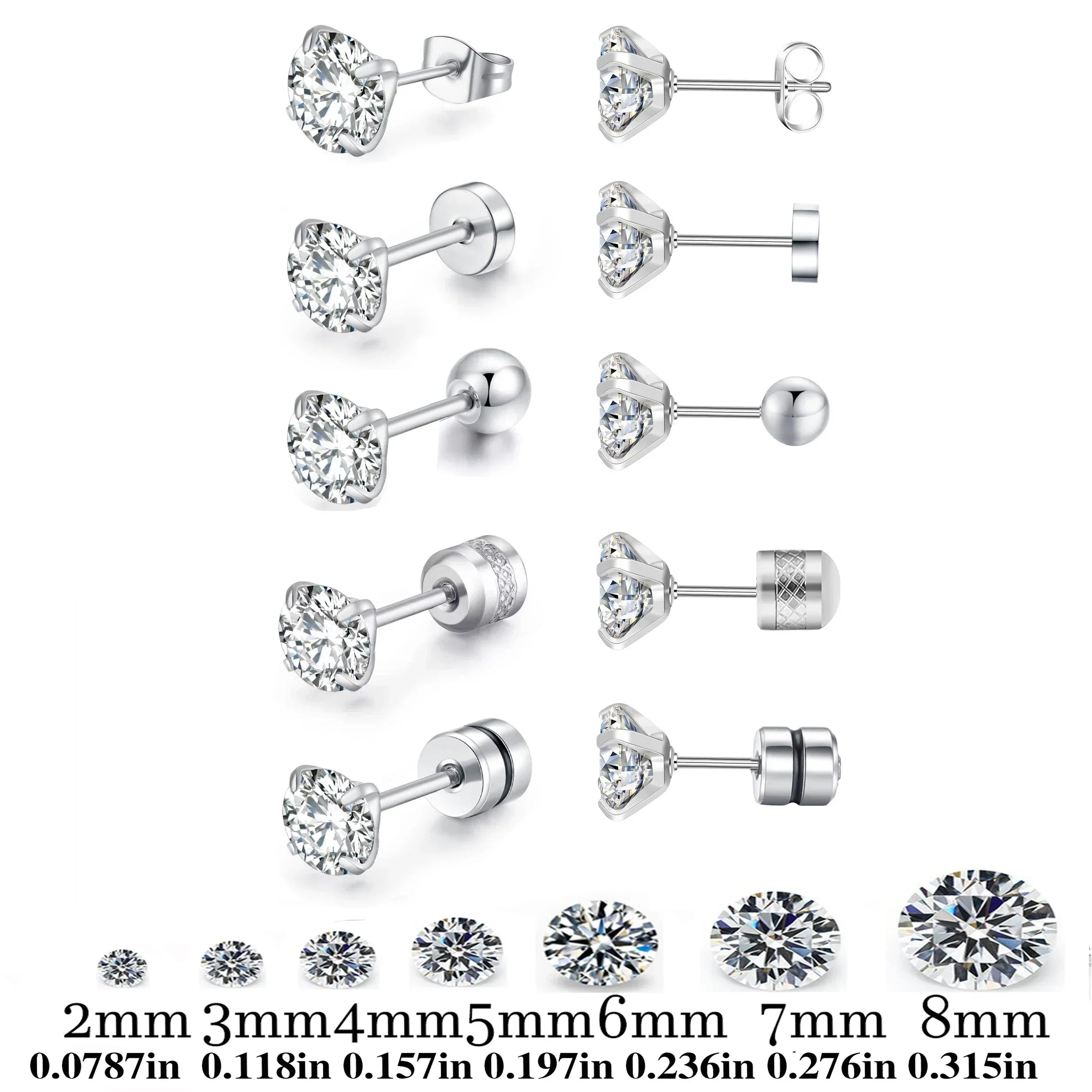 Stainless Steel 5 Style CZ Zircon Silver Color Earrings For Women Men Crystal Screw Titanium Alloy Ear Studs Round Beads Jewelry