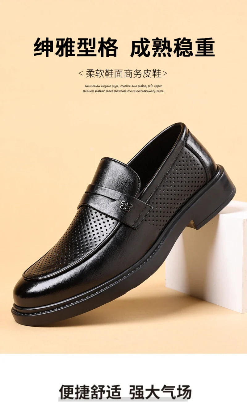Mens Black Penny Loafers With Perforated Detail Slip On Comfortable Breathable Dress Shoes For Business Office And Summer Wear