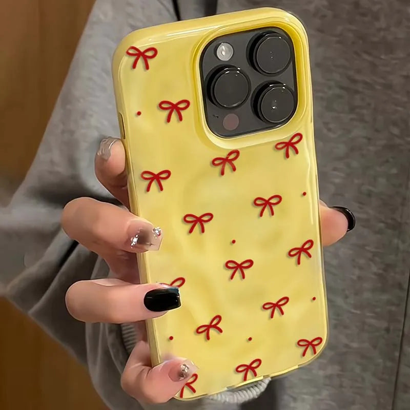 Red Bow Dots Folds Texture Phone Case For iPhone 11 Funda iPhone 17 13 14 15 16 Pro Max 12 Plus 14promax Shockproof Soft Cover