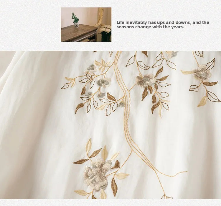Summer New Hemp Dr Embroidered round Ne Five-Quarter Sve Fairy Beautiful Long Women's Dr New Chinese Sle