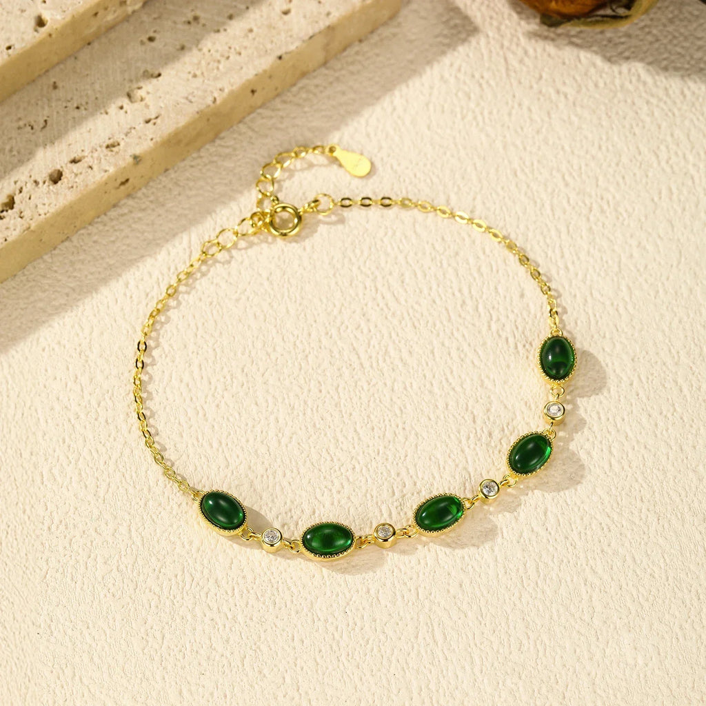 925 Sterling Silver Exquisite Elegant Oval Green CZ Charm Bracelet For Women Golden Color Daily Party Fine Jewelry