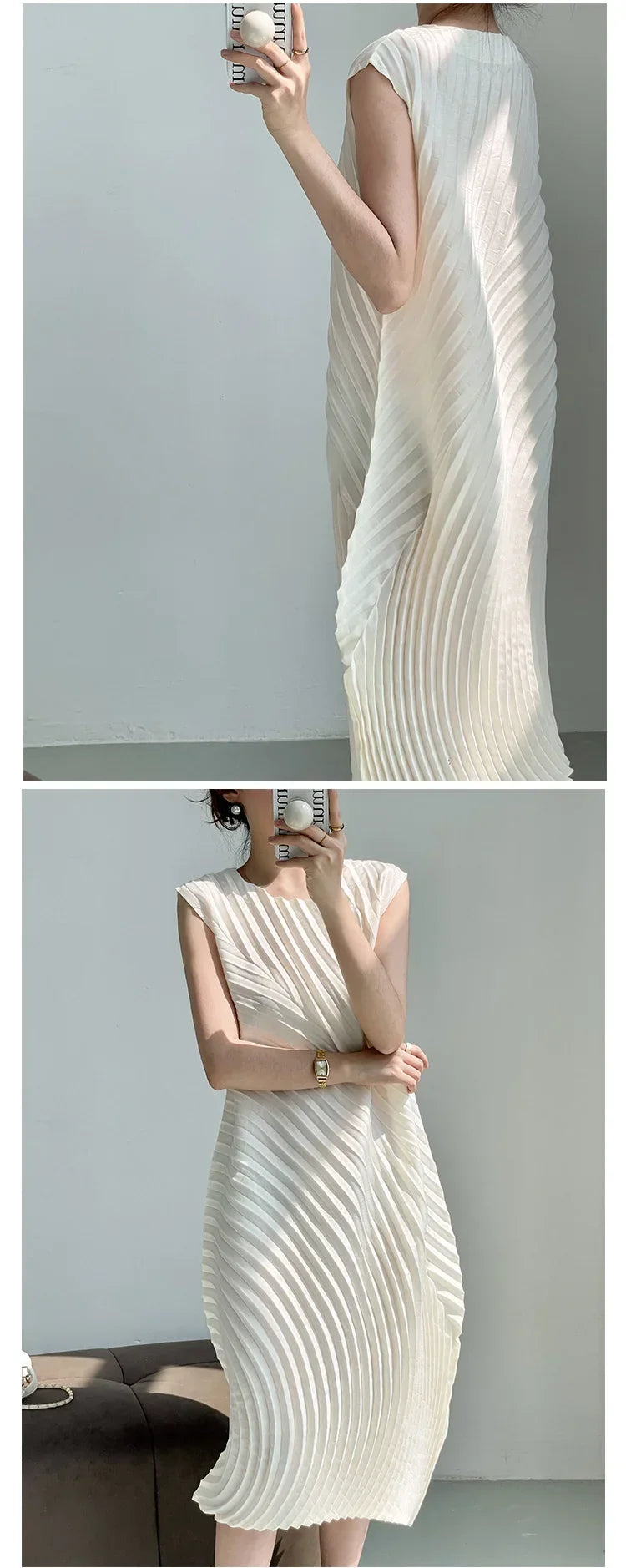 Hand Circle Pleated Sleeveless Dress Designer Long Round Neck Elegant Loose Summer Korean Style Aesthetic Clothes