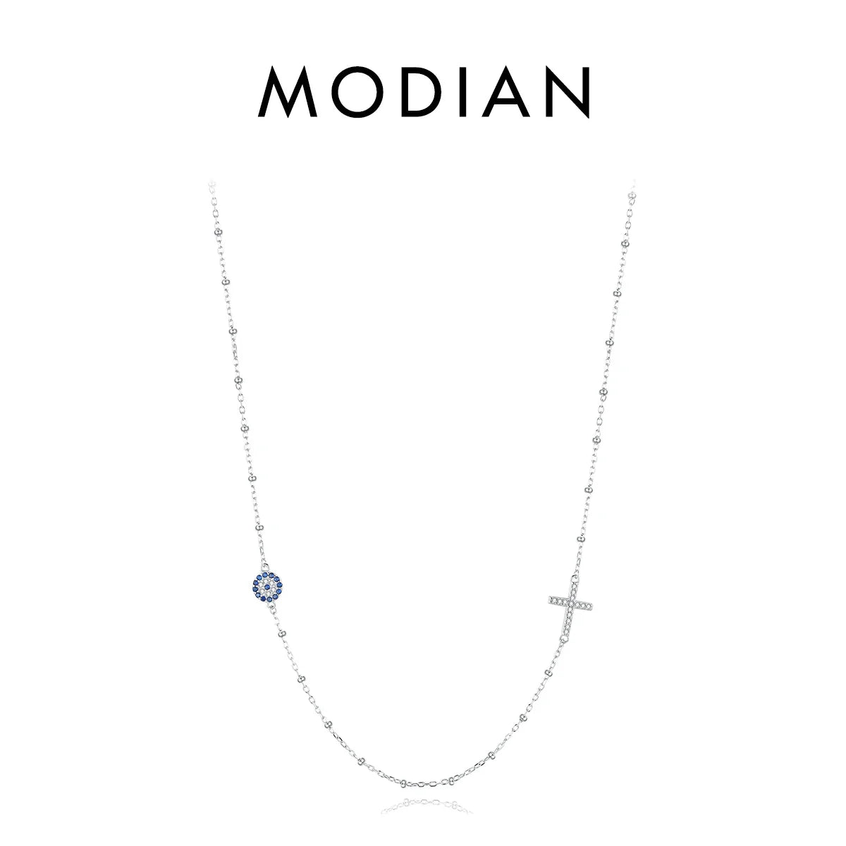 Simple Cross Beads Necklace Real 925 Sterling Silver Blue Zirconia Eye Link Chain Necklaces For Women Party Fine Jewelry